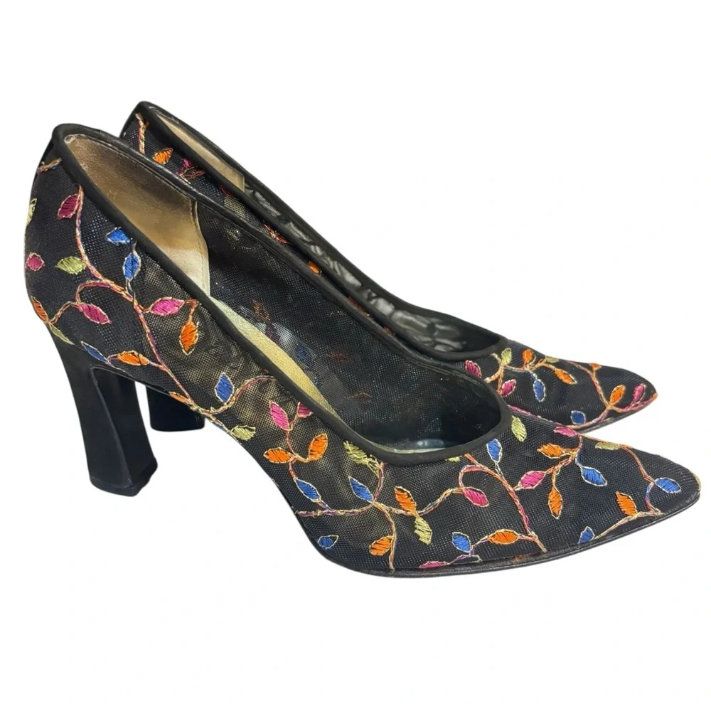 Delman heels black pointy toe mesh embroidered multicolor vines pumps size 6